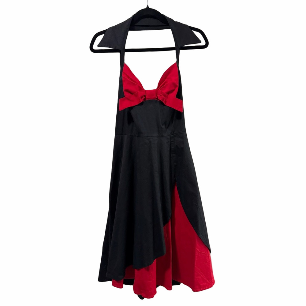 Collared black halter Dress with Red Bow Detail